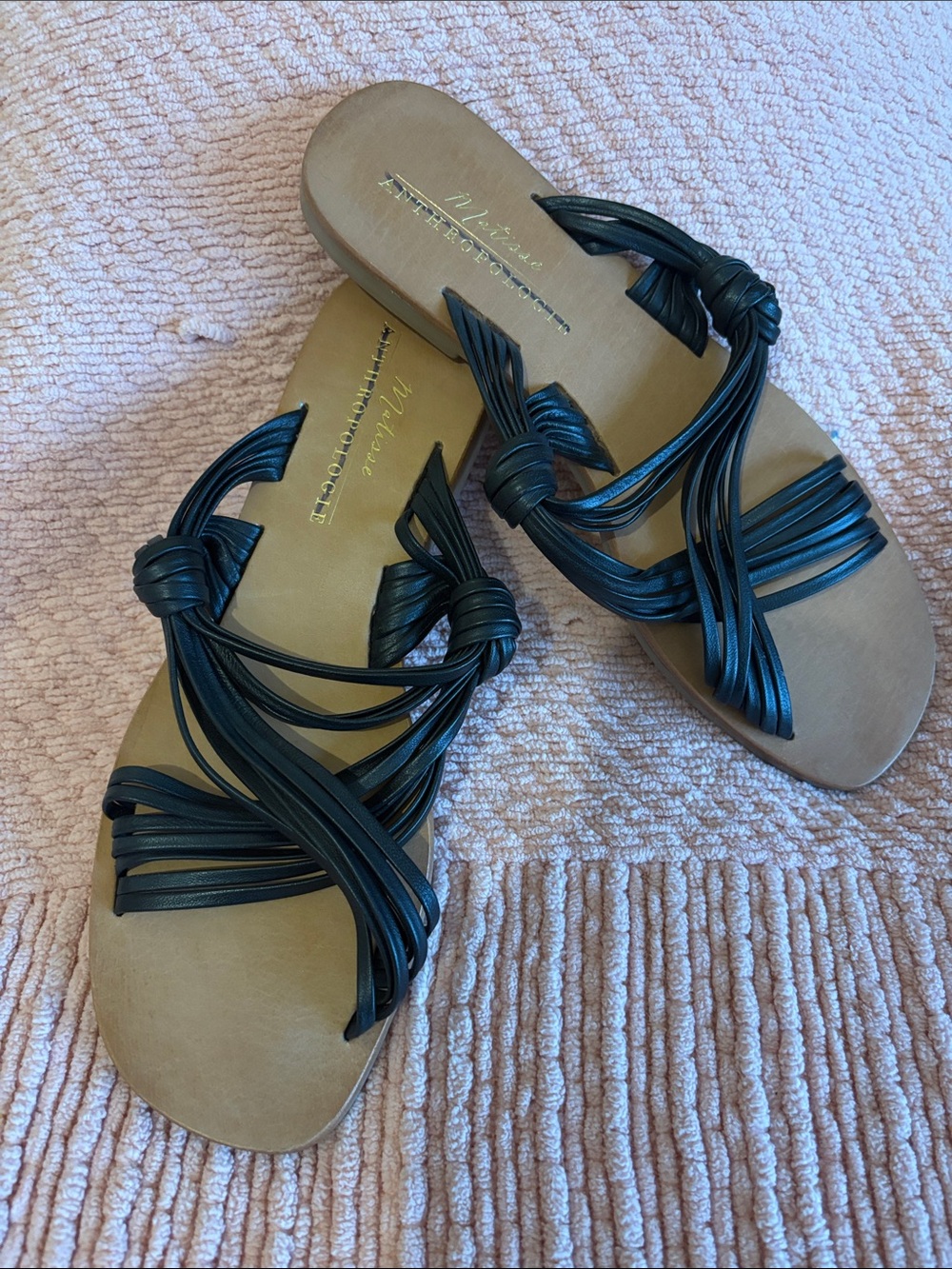 Anthropologie Black Knotted Multi-Strap Slide Sandals